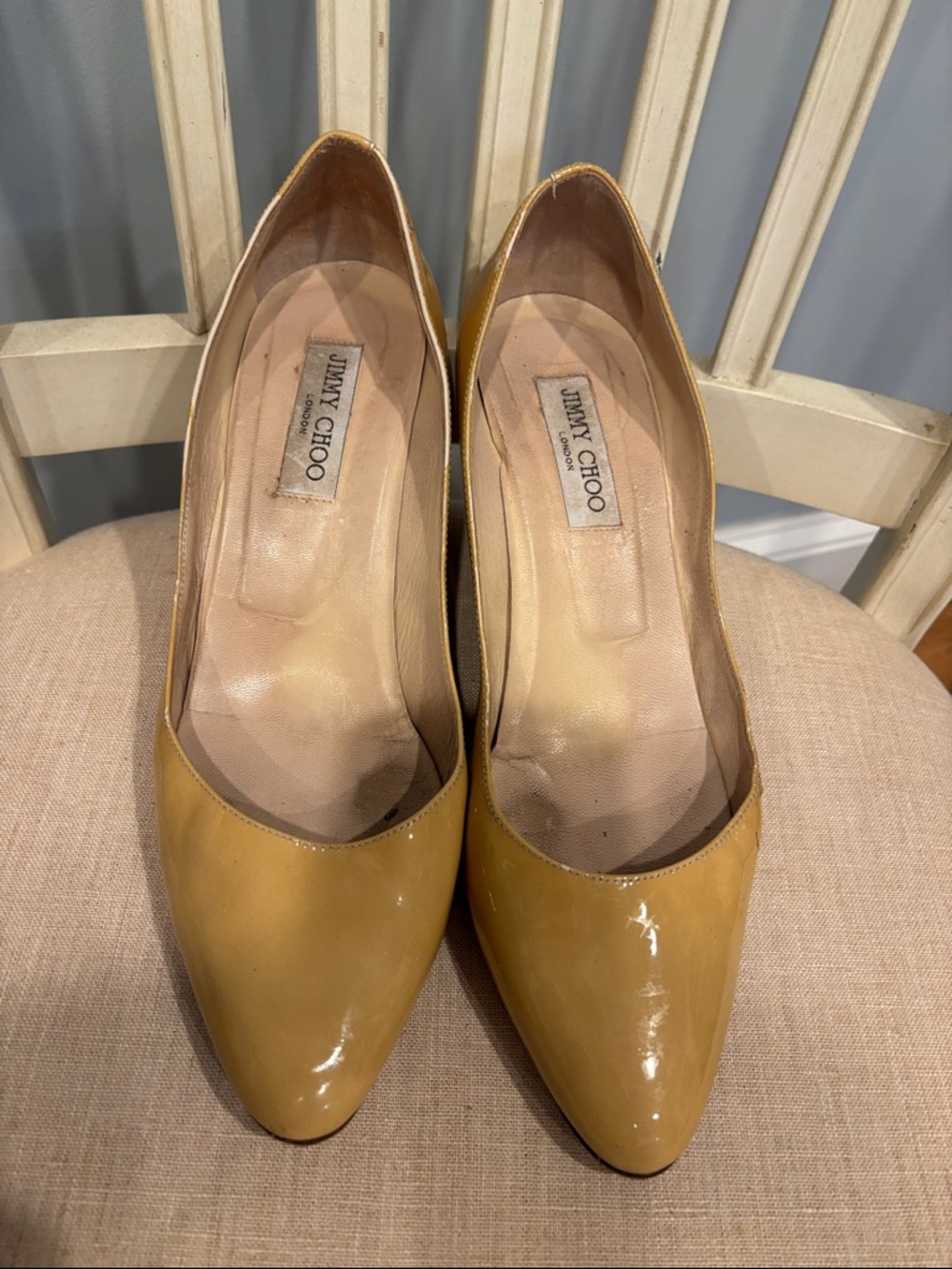 Jimmy Choo Yellow Patent Leather Pointed-Toe Wedge Pumps